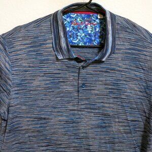 Robert Graham Shirt Mens XL Short Sleeve Polo Blue White Black Lines